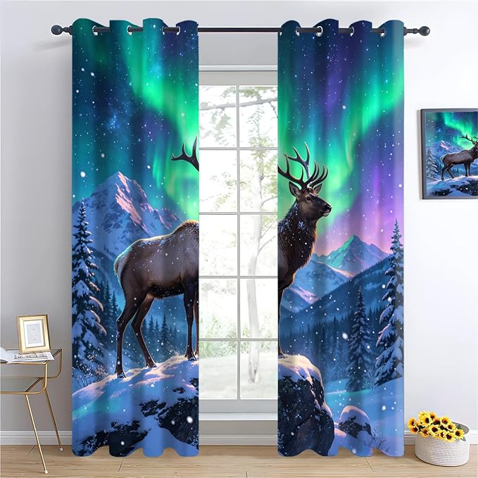 Aurora Forest Curtains, Snow Mountain Deer Blackout Curtains 96 Inch Long - Image 3