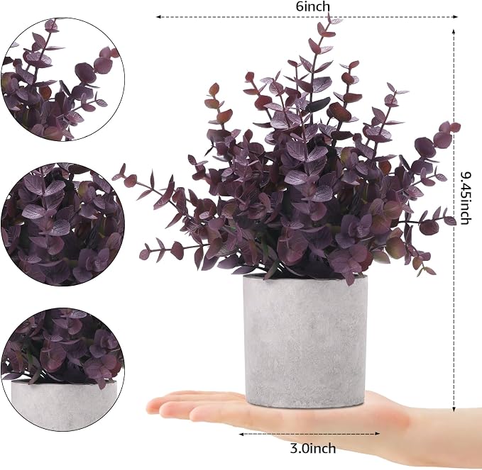 Coferset 2 Pack Small Fake Plants Eucalyptus Potted, Plum | Small Space - Image 6