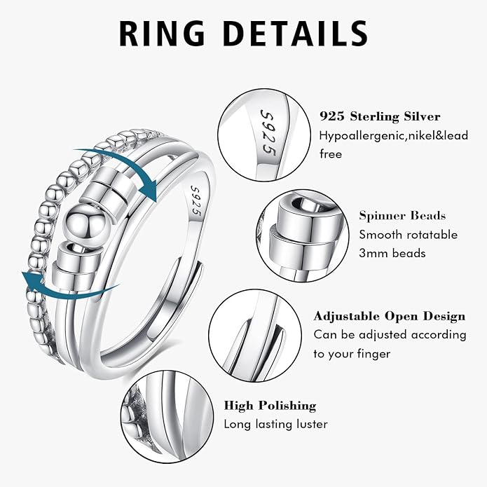 Vito 925 Sterling Silver Fidget Anxiety Ring for Women, Adjustable Open Spinner Ring Stress Relief Ring Stacking Band Anillos Jewelry Gift for Mom Daughter