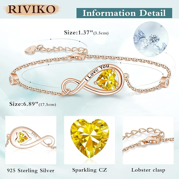 RIVIKO Infinity Love Heart Symbol Charm Bracelet for Women 925 Sterling Silver Adjustable Birthday Valentine’s Day Christmas Mothers Day Jewelry Gift for Mom Women Wife Her Friends