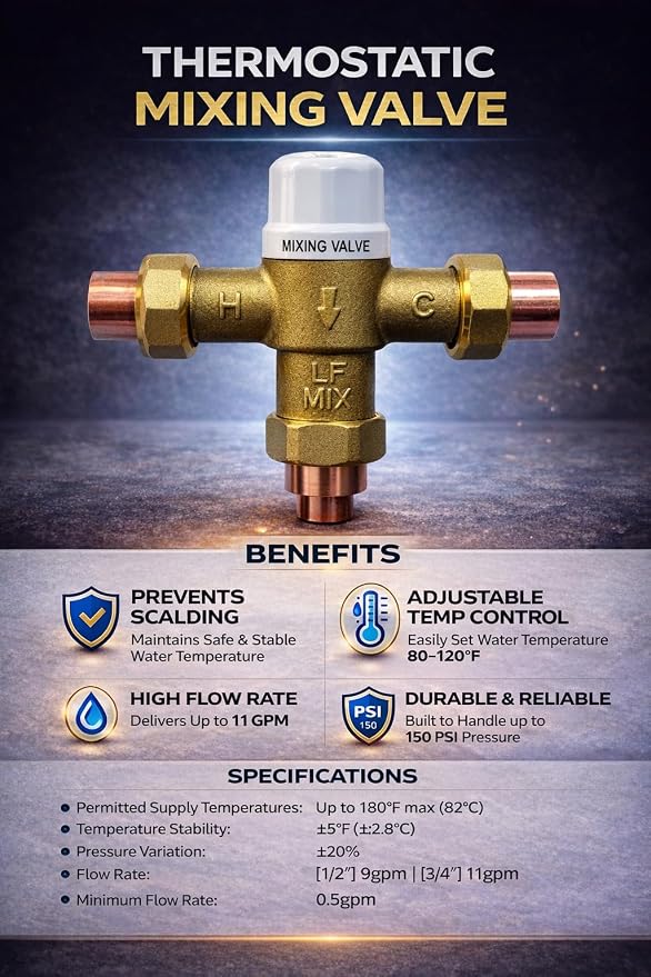 3/4" FNPT Type Thermostatic Mixing Valve, Cert: ASSE, NSF | TMV, Precise water - Image 9