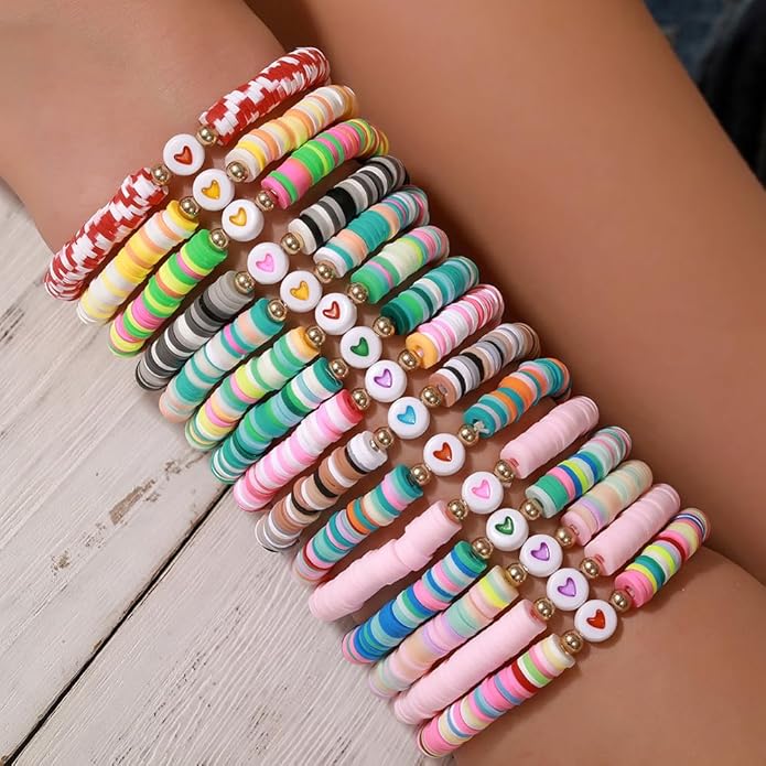 Friendship Bracelets Boho Stackable Bracelets for Women Surfer Heishi Clay Bead Bracelets Stretch Preppy Bracelets Colorful Boho Bracelets for Women