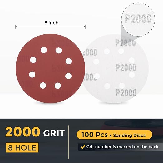 HARFINGTON 100 Pcs 5 Inch Sanding Discs 2000 Grit Red Aluminum Oxide 8 Hole | - Image 2