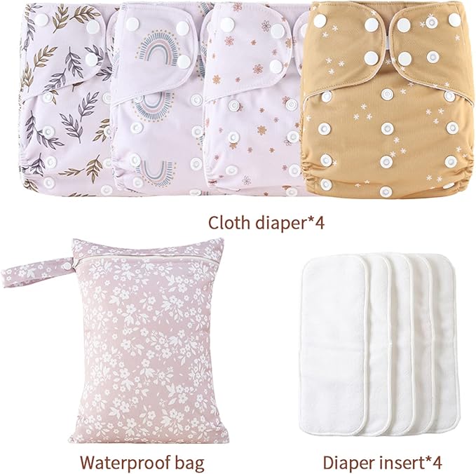 HappyFlute 9 Sets Newborn Baby Cloth Pocket Diapers One Size Adjustable Reusable for Baby Boys and Girls(6-33 pounds,0-3 Years),One Wet Bag+4Diapers and 4Inserts