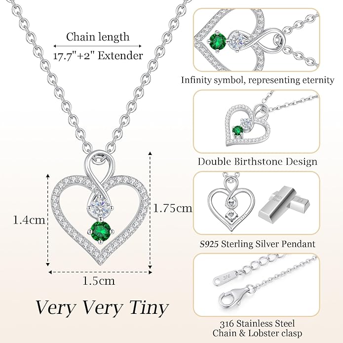 LOUISA SECRET Infinity Double Birthstone Necklace, 925 Sterling Silver Tiny Pendant Heart Necklace for Women Wife Her, Best Jewelry Gift Heart Jewelry Meaningful Gift for Valentine's Day, Christmas, Birthday Anniversary