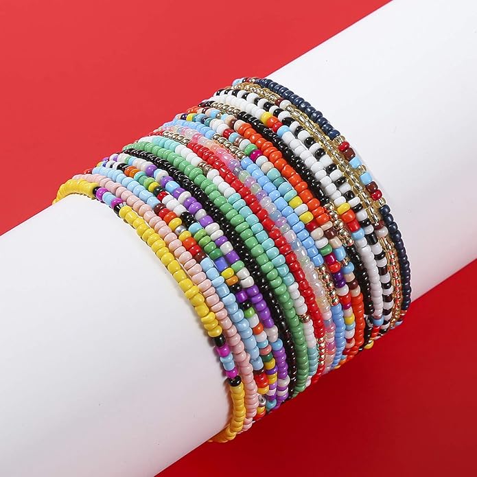 XIJIN 18 Pieces Elastic Beaded Anklets for Women Handmade Beach Boho Colorful Beads Ankle Bracelets Set