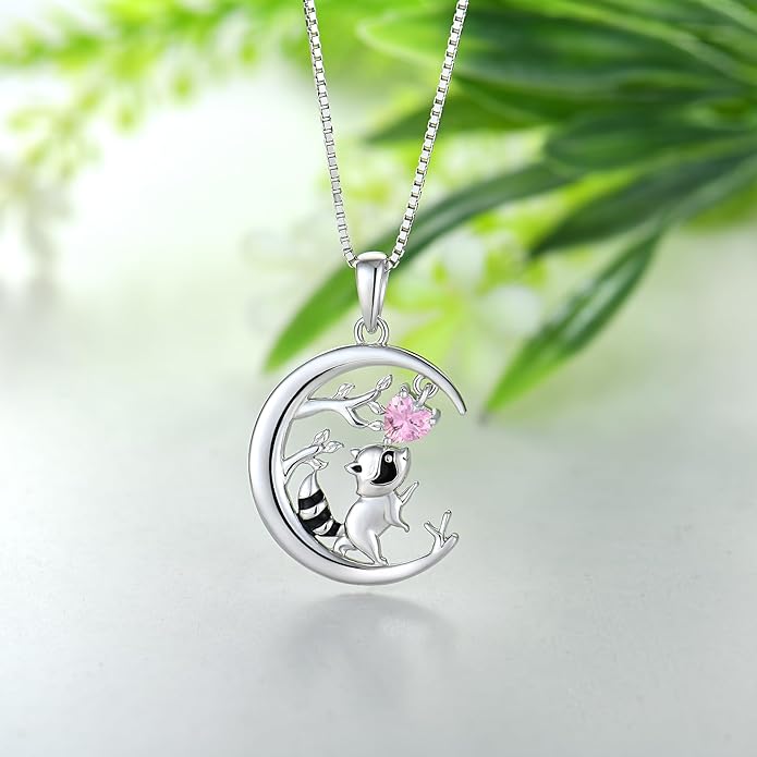 STARCHENIE Raccoon Necklace 925 Sterling Silver Heart Birthstone Pendant Cute Animal Jewelry for Women