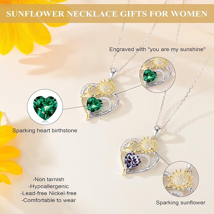 Iefil Valentines Day Gifts for Her - Sunflower Heart Birthstone Necklace Gifts for Women, Anniversary Birthday Gifts for Her 925 Sterling Silver Necklace You Are My Sunshine Jewelry for Wife Mom