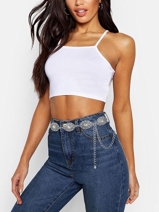 FIORETTO Metal Waist Chain Link Belt for Women Western Cowgirl Boho Turquoise Belts for Dress Jeans Country Concert Outfit