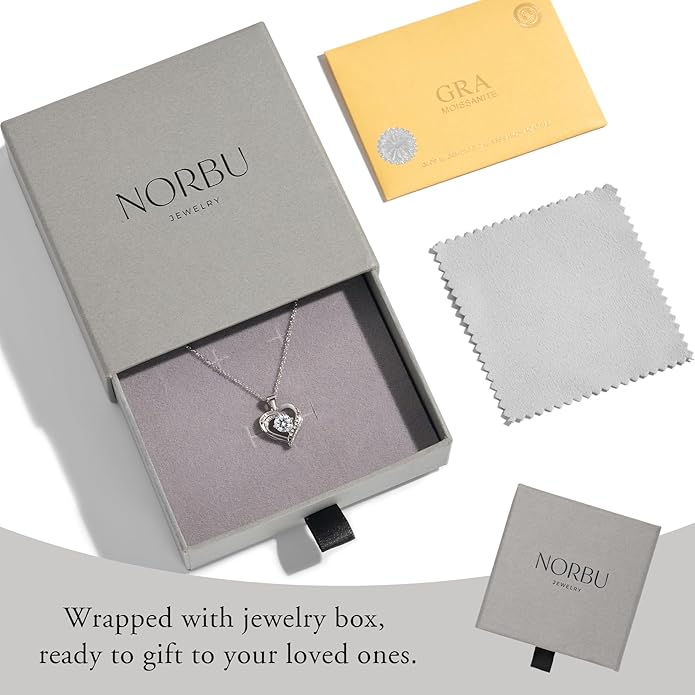 NORBU Moissanite Necklace for Women, 1 CT D Color VVS1 Clarity Round Cut, 925 Sterling Silver Heart Necklace with 18K White Gold Plated, Jewelry Gift for Wedding Anniversary Birthday Christmas Valentine's Day