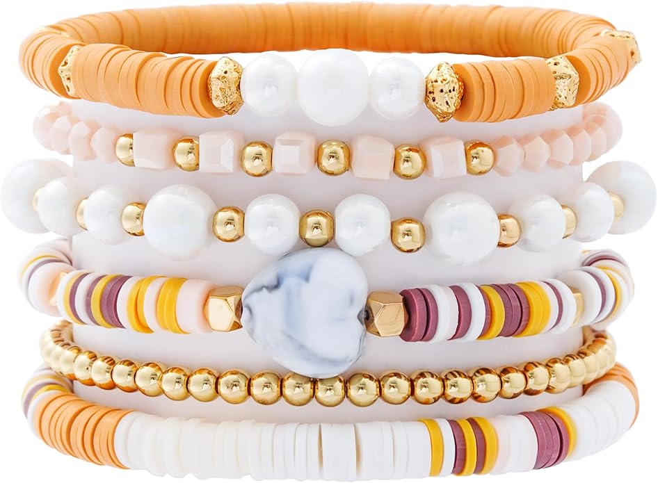 Heishi Beaded Stretch Bracelets for Women Stackable Polymer Clay Beads Bracelets Friendship Boho Summer Beach Bracelet Jewelry Set