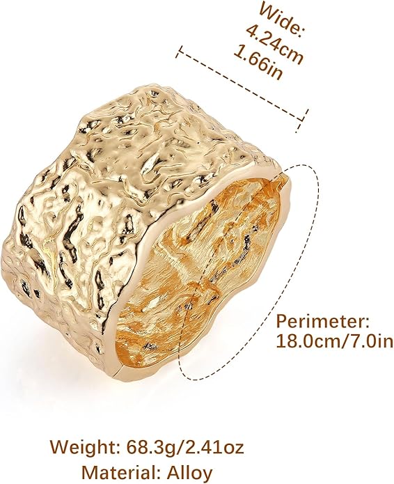 HZMAN 18K Gold Plated Wide Cuff Bracelet for Women - Premium Alloy Shiny Polished Double Layer Statement Bangle, Trendy Daily Wear Party Jewelry Accessory