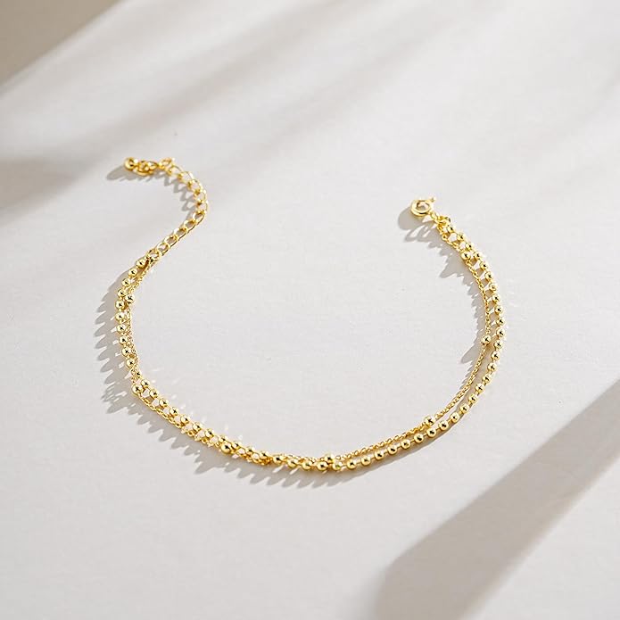 JINEAR Gold Ankle Bracelets for Women，14K Gold Plated Waterproof Chain Herringbone Layered Beaded Anklets Adjustable Summer Beach Jewelry Gift for Women