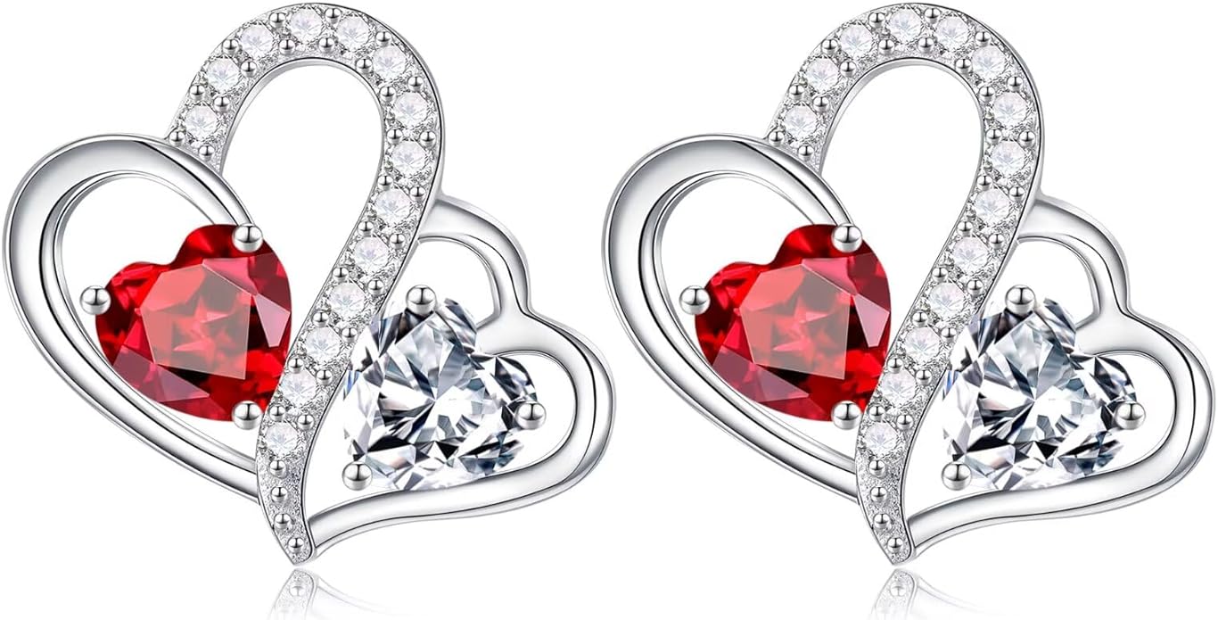 Iefil Valentines Day Gifts for Her - Birthstone Earrings Gift for Women, 925 Sterling Silver Double Heart Birthstone Earrings | Anniversary Birthday Gifts for Women, Personalized Jewelry for Wife Mom