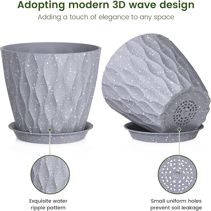 Meowell 7 inch Plant Pots for Indoor Outdoor Plants, 5 Pack Thick Flower Pots - Image 3