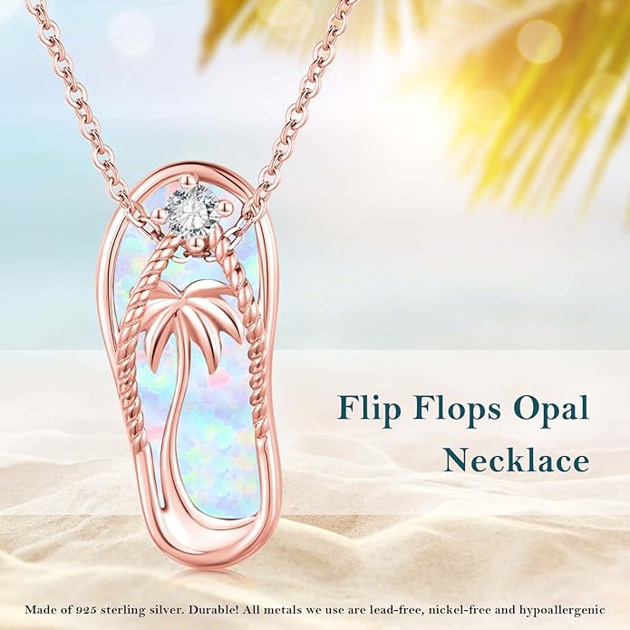 Midir&Etain Ocean Necklace 925 Sterling Silver Blue Opal Necklace Starfish/Flip Flop/Shark Pendant Beach Ocean Jewelry for Women