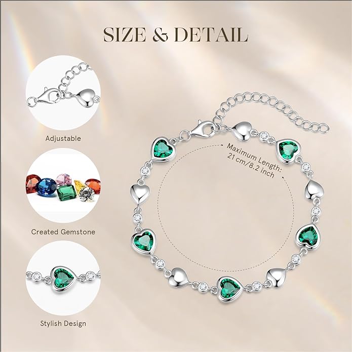 Carleen Birthstone Bracelets for Women 925 Sterling Silver Five Heart Station Created Gemstone Tennis Bracelet Jewelry Anniversary Birthday for Wife, 7"+1.2" Extender