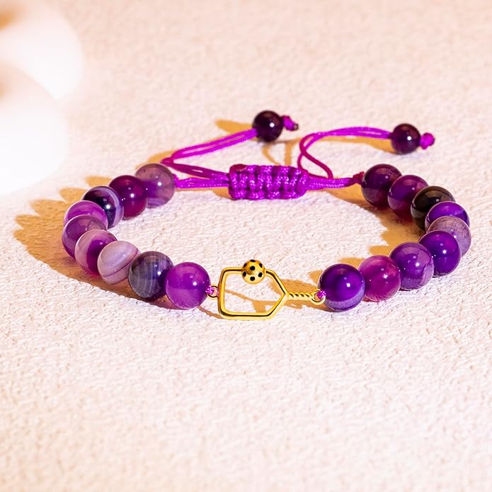 Natural Stone Adjustable Braided Beaded Pickleball Bracelet Charm Jewelry - Sports Lover Pickleball Gifts for Women Men Teens Friends