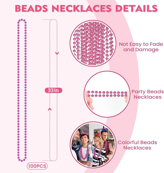 SHAOQINLIN 100 PCS Pink Bead Necklace, 33" Pink Mardi Gras Beads, Breast Cancer Awareness Beaded Necklaces, Party Beads for Mardi Gras, Christmas, Valentine's Day, Wedding, Gender Reveal Party Favors