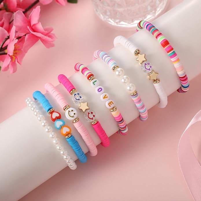 Preppy Bracelets Set Colorful White Gold Smile Heart Star Polymer Beaded Pearl Clay Stackable Charm Y2K Kidcore Aesthetic Summer Beach Bohemian Stretch Layering Bracelets Jewelry for Girls Women Teens