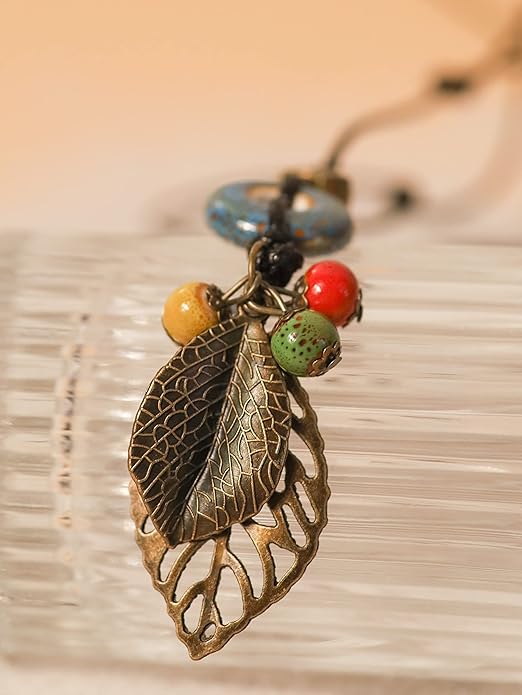 MINACHI Boho Hippie Colorful Ceramic Beads Strand O Ring Circle Charm Long Y Necklace, Vintage Bohemian Statement Jewelry Gift for Women