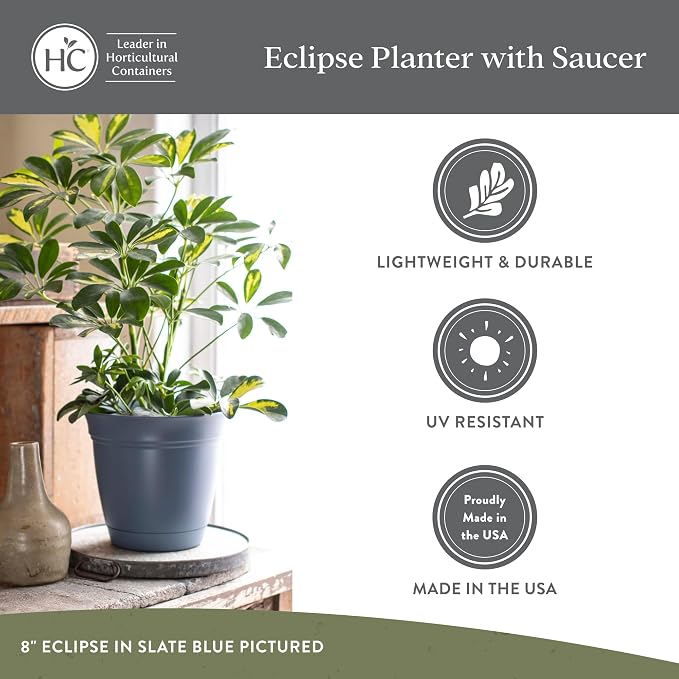 The HC Companies Eclipse Round Planter Pot, 12 Inch, Warm Gray, Attached Saucer - Image 4