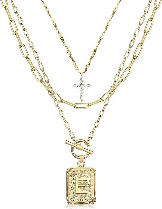 MJartoria Layered Initial Necklaces for Women Trendy, 14K Gold Plated Brass Simple Dainty Cross Choker Square Letter Pendant Necklace, Paperclip Chain Necklaces Jewelry