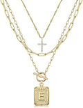 MJartoria Layered Initial Necklaces for Women Trendy, 14K Gold Plated Brass Simple Dainty Cross Choker Square Letter Pendant Necklace, Paperclip Chain Necklaces Jewelry