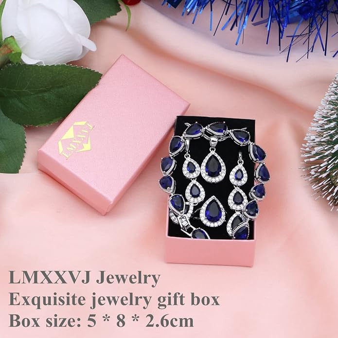 LMXXVJ Necklace Long Earrings Bracelet Set, White Gold Plated Created Blue Sapphire Jewelry Set Wedding Party Gift Jewelry for Women Bridal Bridesmaid