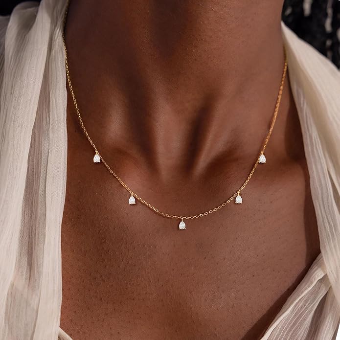 VRIUA Necklaces for Women - 14K Gold/Silver Plated Dainty Chain Necklace with Five Charms: Diamond, Bow, Snowflake, Cross, Flower, Clover, Butterfly, Heart, Star of David, and Star Trendy Jewelry