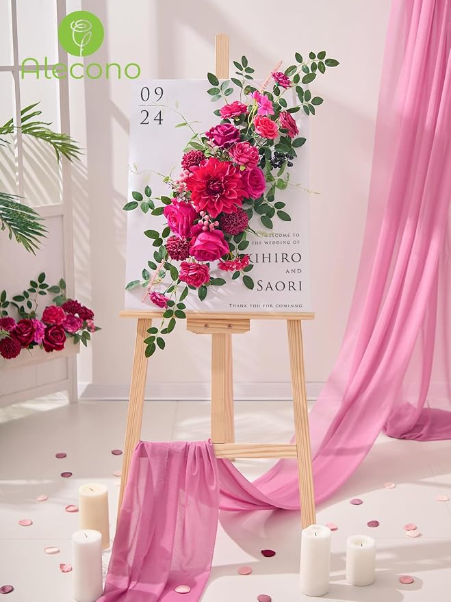 Alecono Hot Pink Artificial Flowers, Silk Fake Roses Floral Set | - Image 2