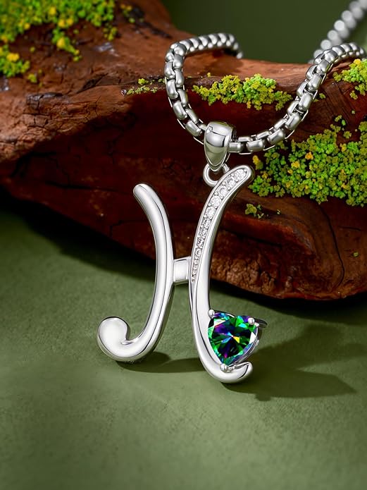 Valentines Day Gifts for Women Alphabet A to Z Initial Birthstone Pendant Necklaces for Women - 18k White Gold Plated Personalized Name Jewelry Valentine Mothers Day Birthday Gifts for Women Her Girlfriend