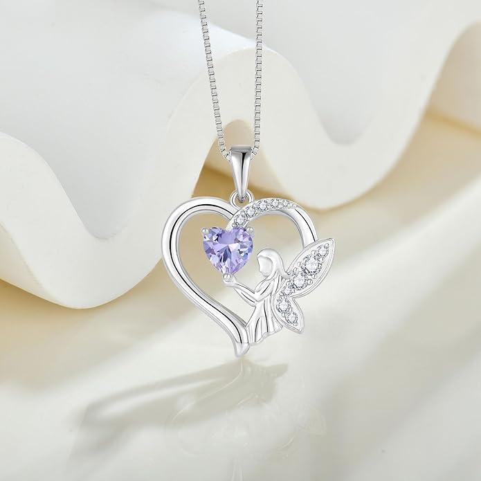 Guardian Angel Necklace 925 Sterling Silver Heart Angel Wings Pendant Birthstone Jewelry for Women