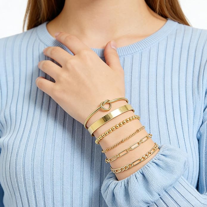 6 Pcs Chic Gold Bracelets for Women 14K Gold Plated Stack Bracelets for Women Stackable Bracelets for Women Fashion Jewelry