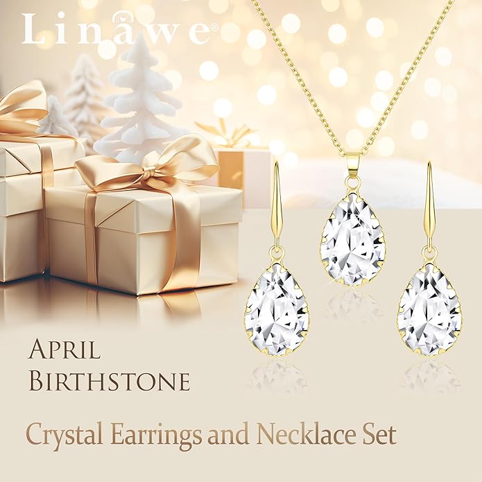 Linawe Crystal Jewelry Sets for Women, Imitation Diamond Pendant Necklace, Rhinestone Drop Dangle Earrings, Birthstone Cubic Zirconia Matching Wedding Jewelry, 14K Gold/Rose Gold/Silver Tones