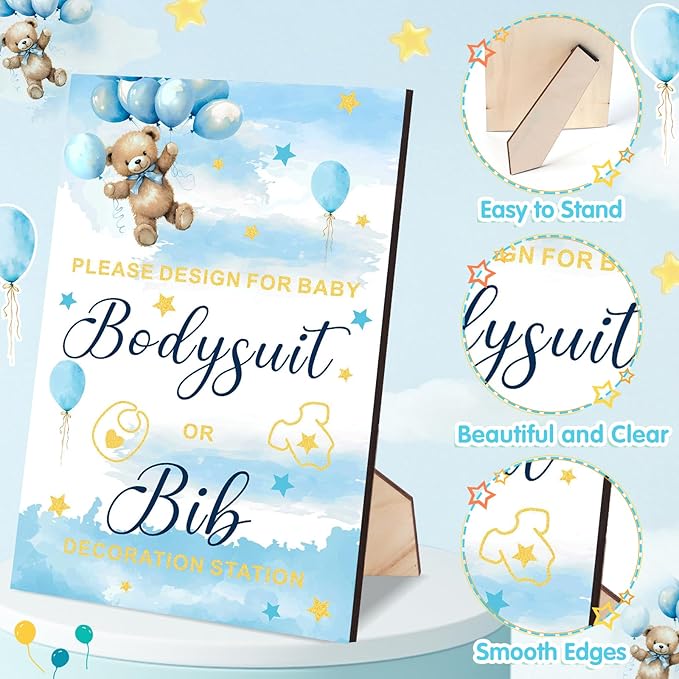 151 Pcs Baby Shower Game Decorations Kit with Bibs, Bodysuits, Wooden Sign & Fabric Markers (BlueBear)