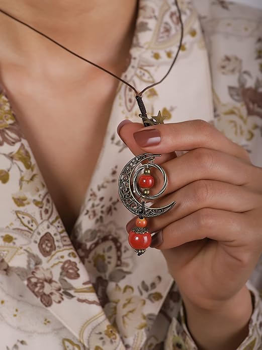 MINACHI Vintage Bohemian Hippie Ceramic Beads Crescent Moon Lariat Necklace, Boho Hippie Statement Jewelry Gift for Women