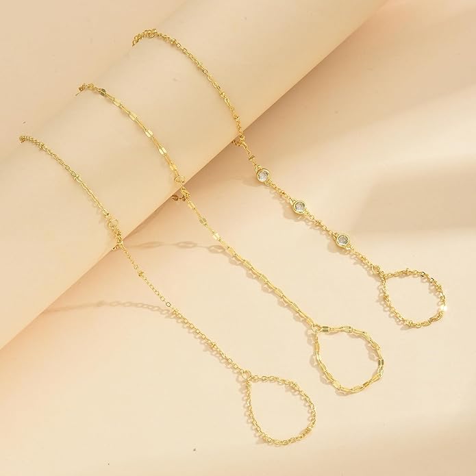 3PCS 14K Gold-Plated Hand Chain Bracelets for Women, Stack Bracelets Set Adjustable, Trendy Dainty Ring Bracelet Hand Chain