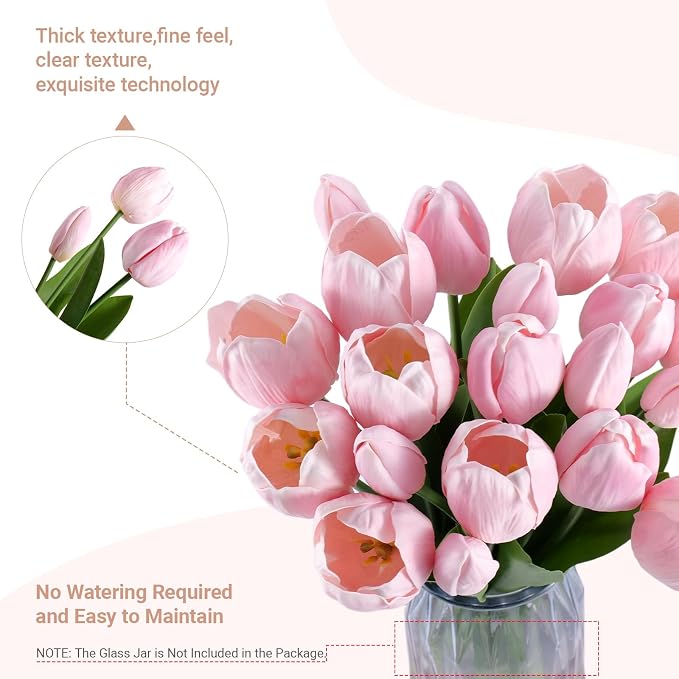 20 Pcs Fake Tulips Flowers 16" Tall, Realistic Touch Leaves, Bottle Tulip - Image 4