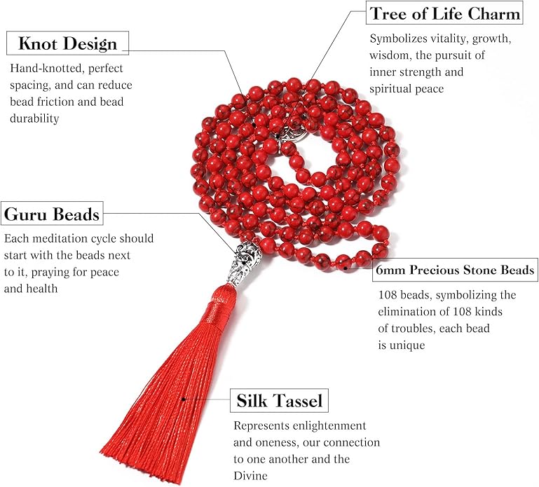 INBLUE 108 Mala Prayer Beads Wrap Necklace with Long Tassel Boho Necklace for Women Amazonite Bead Bracelet with Spiritual Tree of Life Pendant 108 Beads Necklace for Meditation