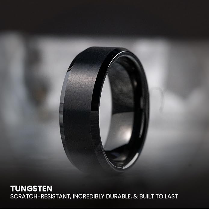 Manly Bands: Mens Black Plated Tungsten and Black Zirconium Wedding Bands and Rings - Comfort Fit and Stylish Black Rings for Men, Free Silicone Ring Included