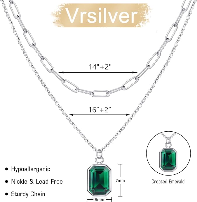 Layered Birthstone Necklace for Women Girls, 14K Gold-Plated Paperclip Chain Choker Necklace with Rectangle Birthstone Pendant Birthday Gifts for Women Girls Dainty Small