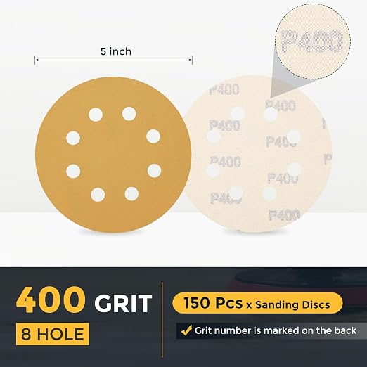 HARFINGTON 150Pcs 5Inch Sanding Discs 400Grit Yellow Aluminum Oxide 8 Hole | - Image 2