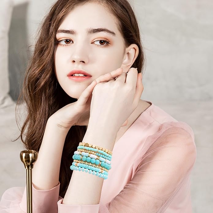 GOOJIDS Surfer Heishi Clay Bead Bracelets for Women Bohemian Stackable Gold Plated Beaded Stretch Bracelets Elastic Layering Friendship Bracelets Set Boho Jewelry
