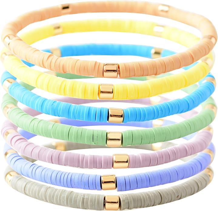 GOOJIDS Surfer Heishi Clay Bead Bracelets for Women Bohemian Stackable Gold Plated Beaded Stretch Bracelets Elastic Layering Friendship Bracelets Set Boho Jewelry