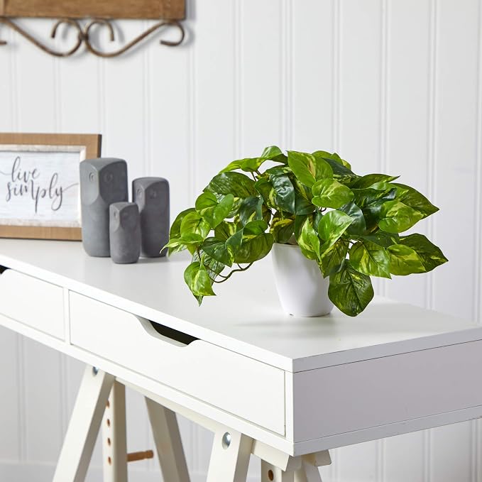 Nearly Natural 9in. Pothos Artificial Plant in White Planter - Image 3