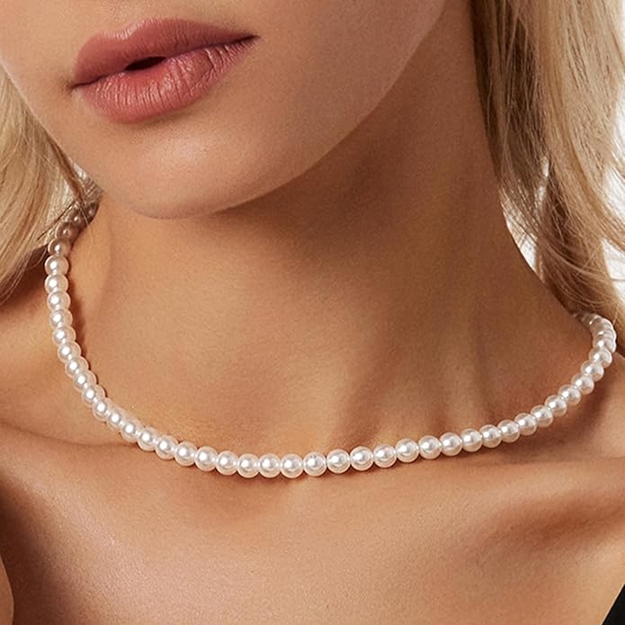 Zeffy Pearl Necklace 4MM/6MM/8MM Dainty Round Imitation Pearl Choker Necklace Wedding Pearl Necklace Delicate Jewelry for Women Simple Bridesmaid Jewelry Gifts