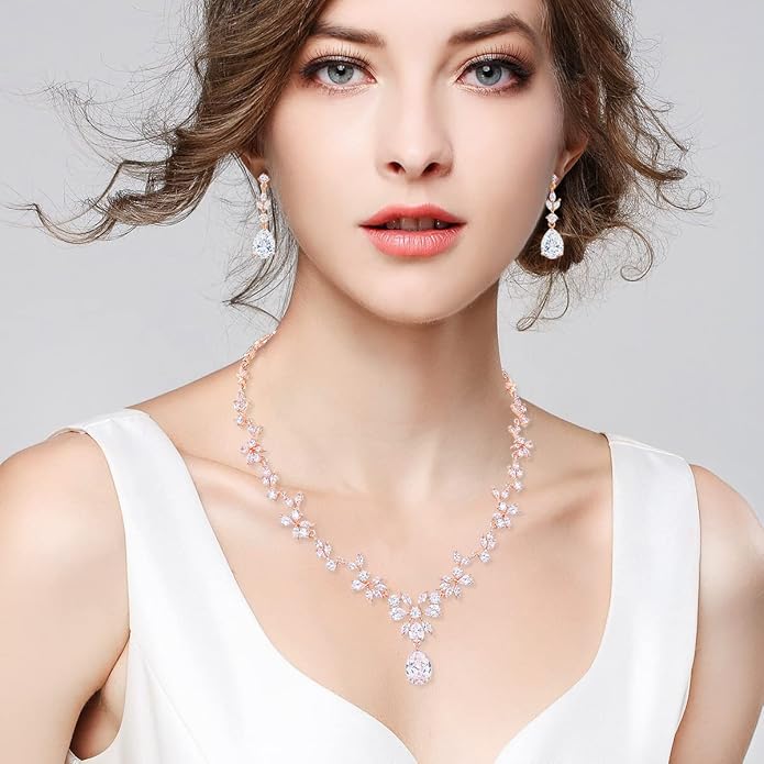 Bridal Wedding Jewelry CZ Set Marquise Teardrop Cubic Zirconia Pendant Necklace and Dangle Earring Bracelet Sets for Women