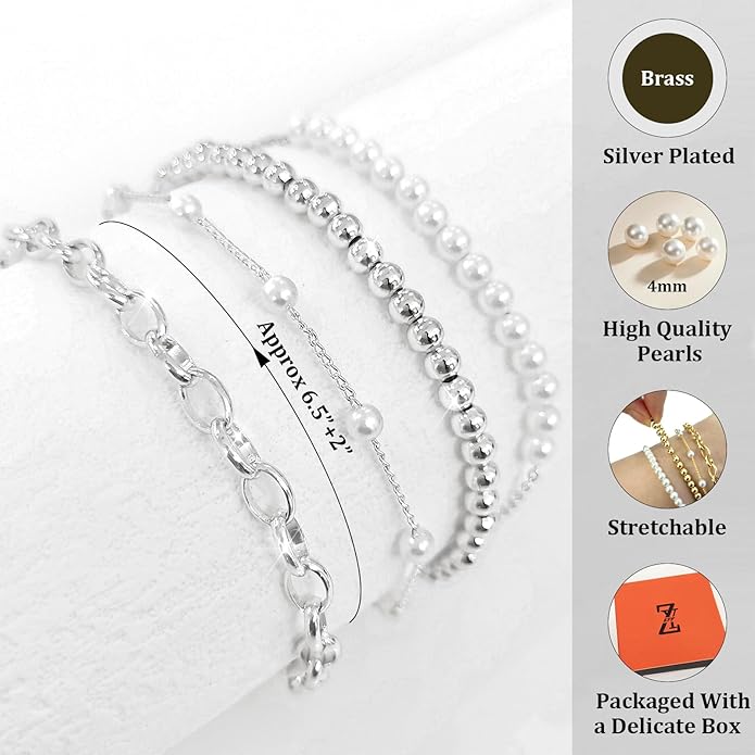 Zeffy Gold Pearl Beaded Bracelet for Women, 14K Gold Plated Jewelry Set With Paperclip Link Chain, Trendy Stack Bracelets