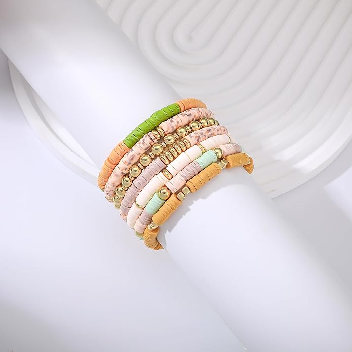 Heishi Beaded Stretch Bracelets for Women Stackable Polymer Clay Beads Bracelets Friendship Boho Summer Beach Bracelet Jewelry Set